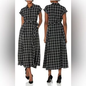 Calvin Klein Short Sleeve Gauze Windowpane Plaid Midi Shirtdress Belted Size 2